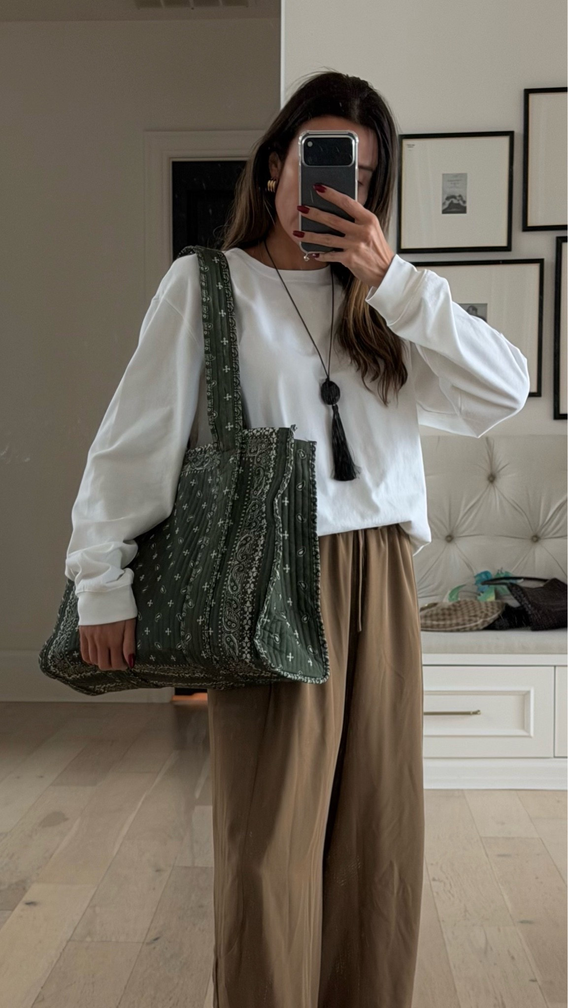 Fall outfit 🍂

White tee, pants & tassel necklace from Amazon 
Bandana tote from @Walmart

#LTKootd #LTKOver40 #LTKSeasonal