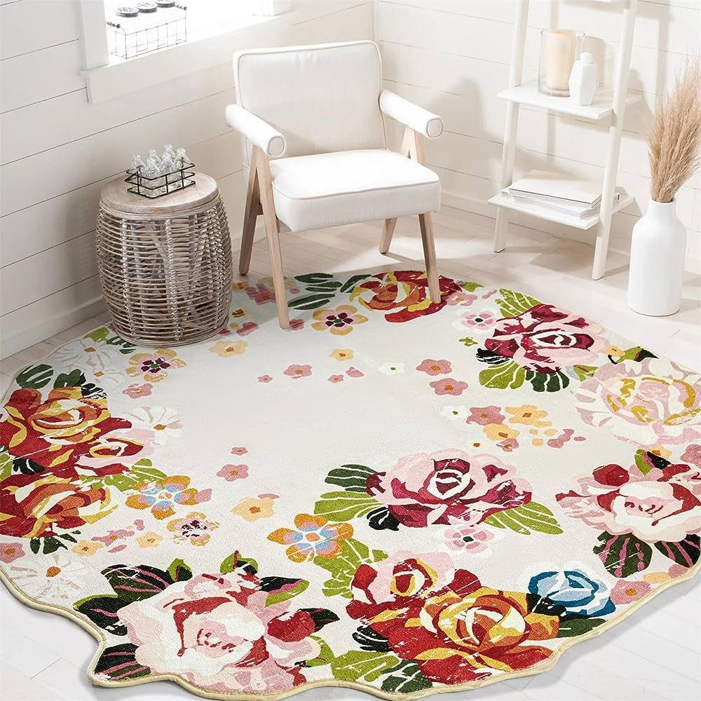 Boho Farmhouse Floral 5ft Round Area Rug for Bedroom Living Room Kitchen Dorm, Low Pile Machine W... | Amazon (US)