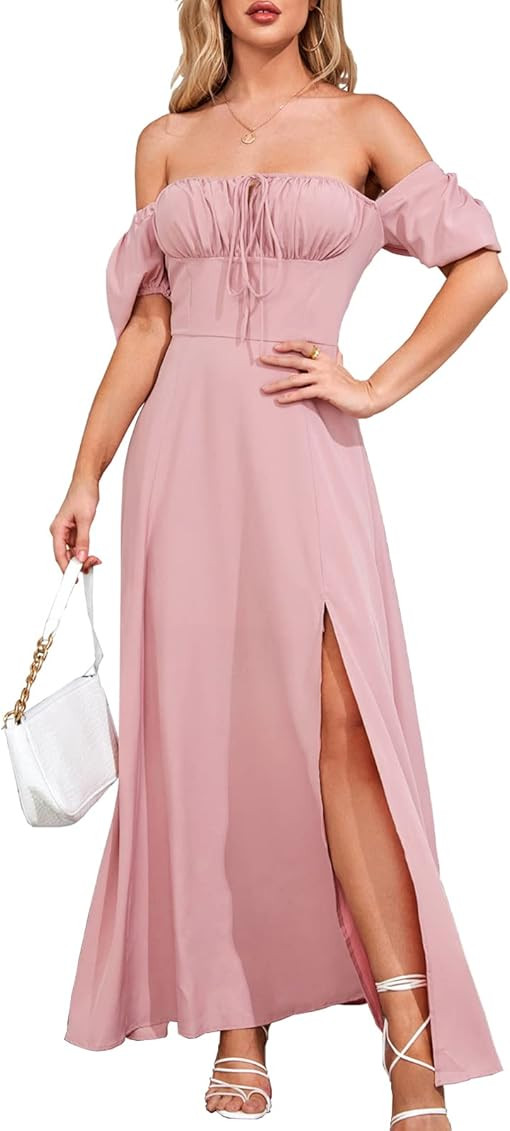 Women's Summer Puff Sleeve Floral Split Maxi Dress Flowy A Line Casual Beach Long Dresses | Amazon (US)