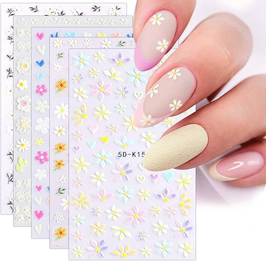 5 Sheets 3D Embossed Flower Nail Art Stickers Decals 5D Self-Adhesive Pegatinas Uñas Colorful Da... | Amazon (US)