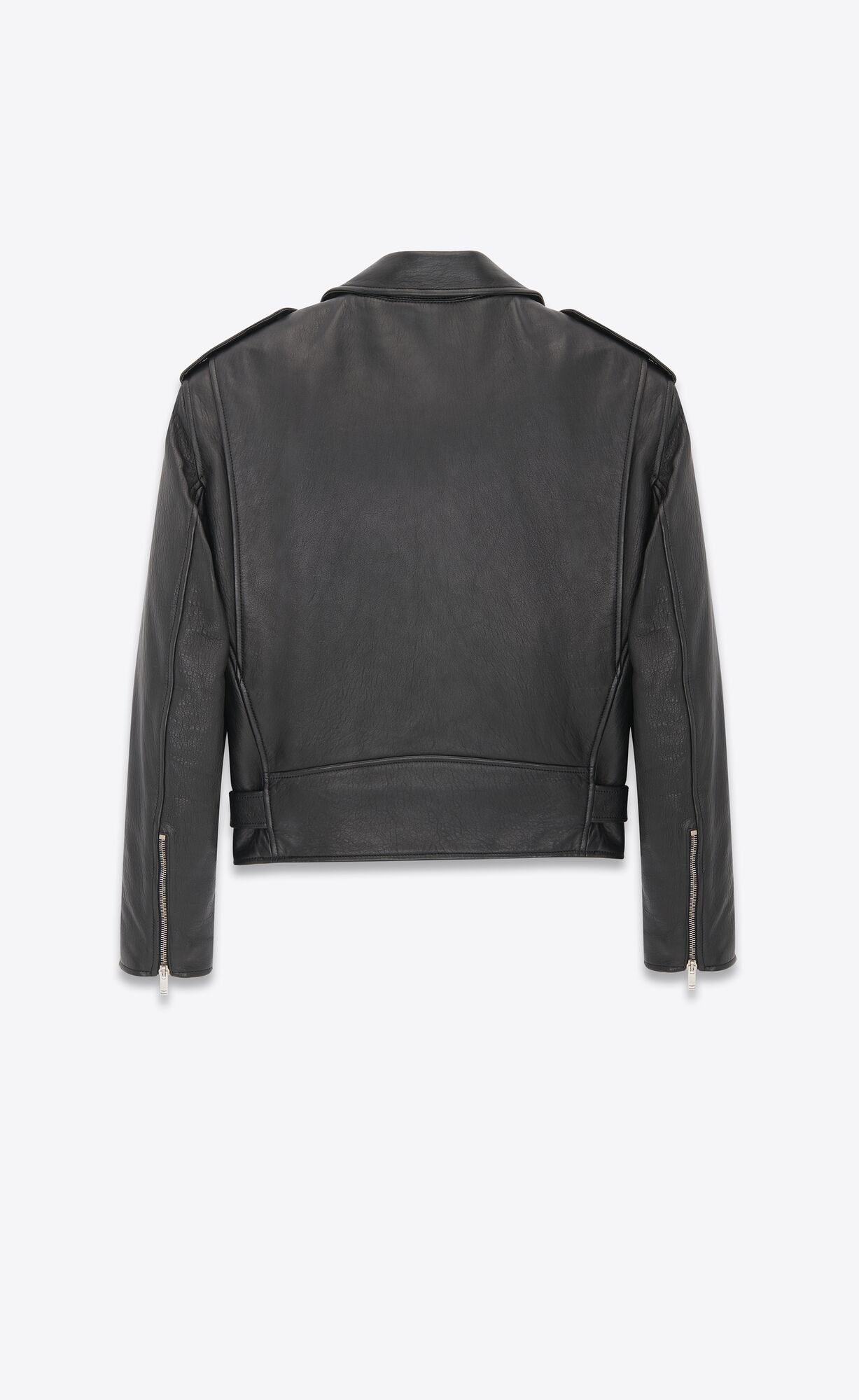 long biker jacket with an asymmetrical front zip, matching zip pockets and cuffs, and padded shou... | Saint Laurent Inc. (Global)