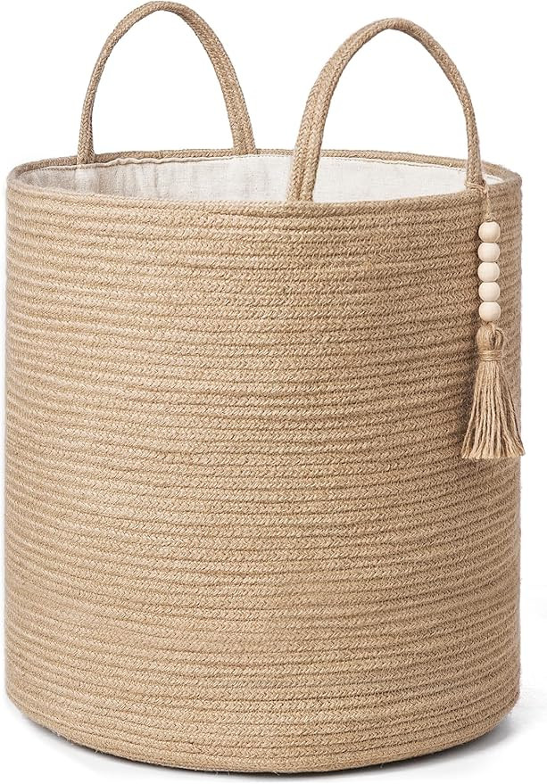 Mkono Tall Wicker Laundry Basket Woven Storage Basket Decorative Natural Rope Basket Wooden Bead ... | Amazon (US)