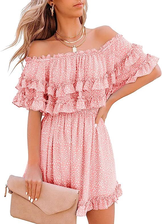 Fazortev Womens Flowy Off Shoulder Dress Summer Ruffle Smocked Casual Square Neck Elastic Waist M... | Amazon (US)