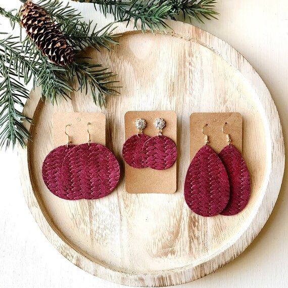 Braided Burgundy Leather Earring, Burgundy Embossed Leather Earring, Burgundy leather, Burgundy l... | Etsy (US)