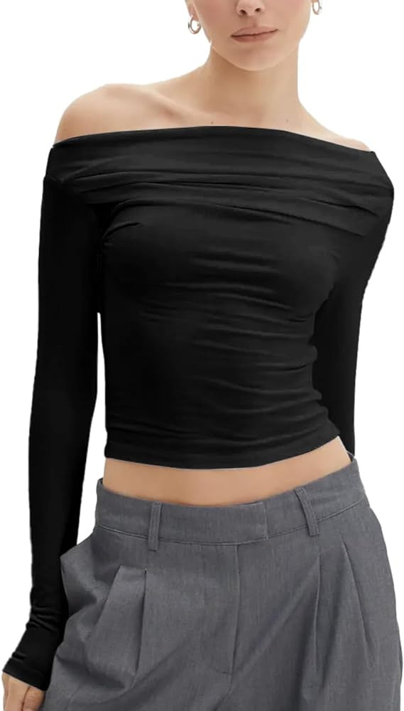 J.Corrine Women's Long Sleeve Cropped Boat Neck Off Shoulder Tops Unique Ruched Y2K Tees Asymmetr... | Amazon (US)