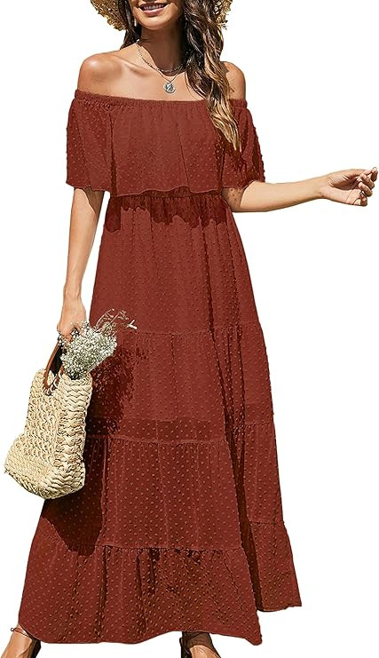 KIRUNDO Women's 2024 Summer Off Shoulder Maxi Dress Swiss Dot Wedding Guest Short Sleeve High Wai... | Amazon (US)