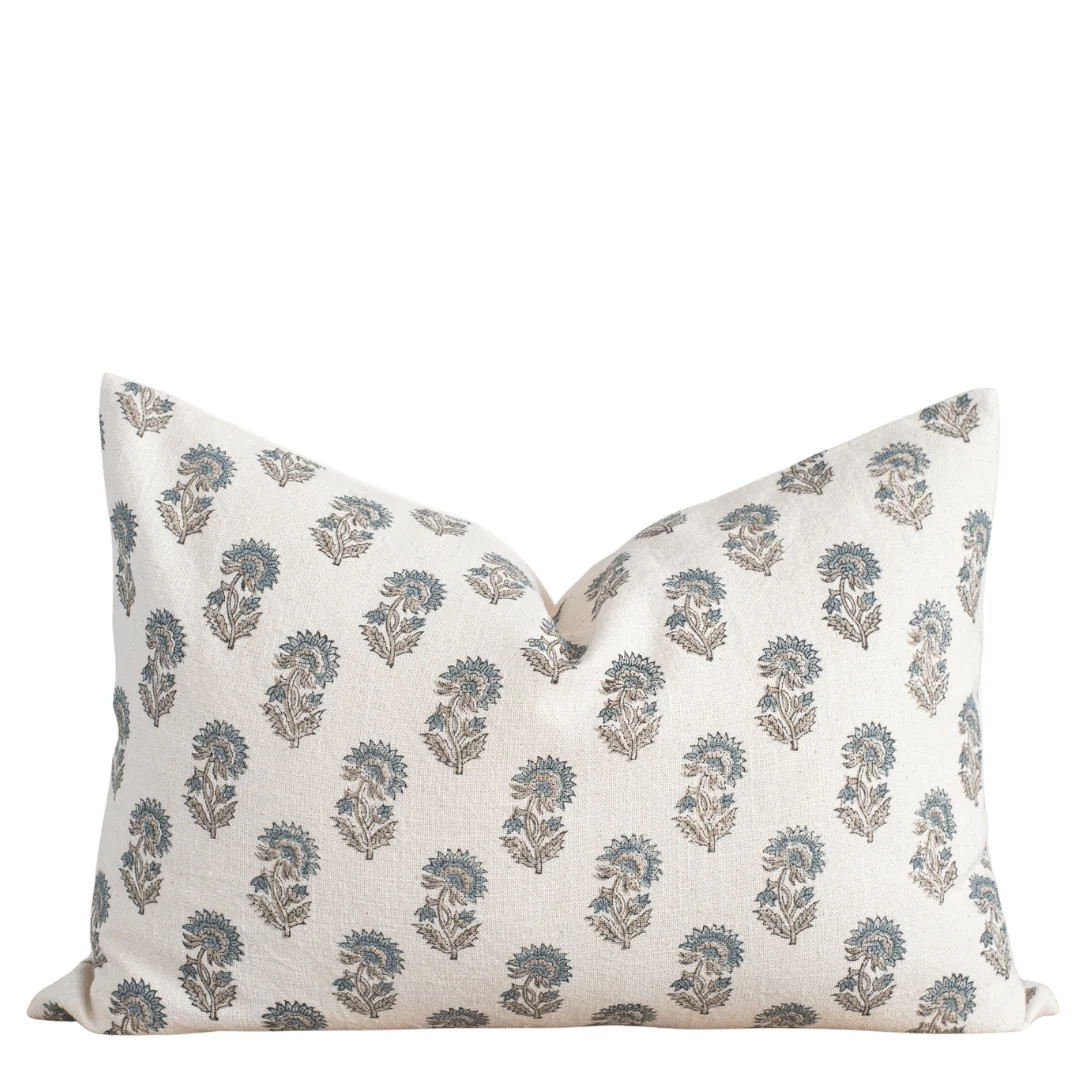 Lark Floral Block Printed Pillow Cover | Blue | Lumbar | Apartment No.3