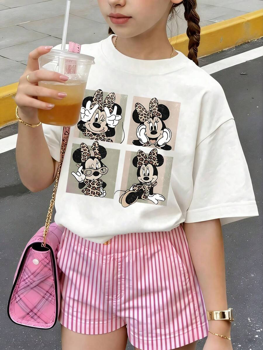 LocalDisney Leopard Print Minnie Square Pattern Print,Summer Tops,Girls Clothes For Kids,Clean Gi... | SHEIN