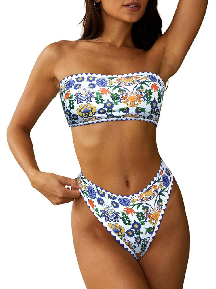 ZAFUL Women Strapless Textured Bandeau Bikini 2 Piece Swimwear Cheeky Solid Lace up Bathing Suits | Amazon (US)