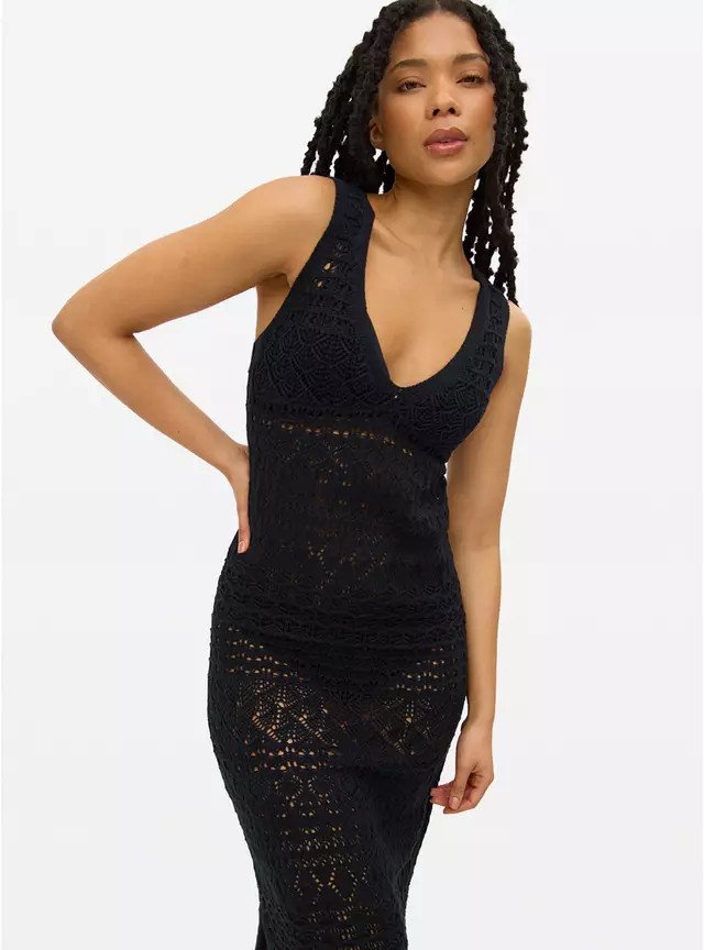 Black Pointelle Sleeveless Midi Dress S | Tu Clothing