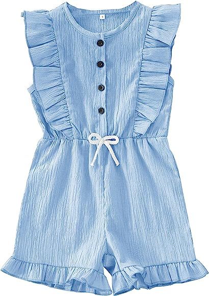 Vermisse Girl's Sleeveless Ruffle Sleeve Jumpsuits Fashion Rompers Button Shorts One Piece Outfit | Amazon (US)