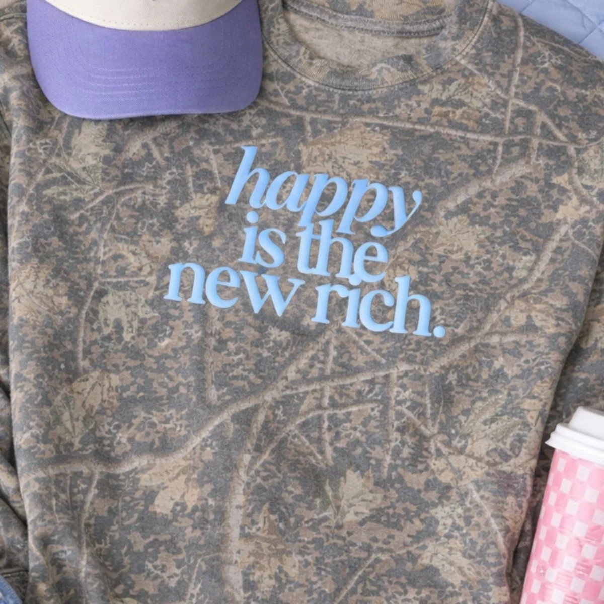 PUFF 'Happy Is The New Rich' Camo Hideaway Crewneck | United Monograms