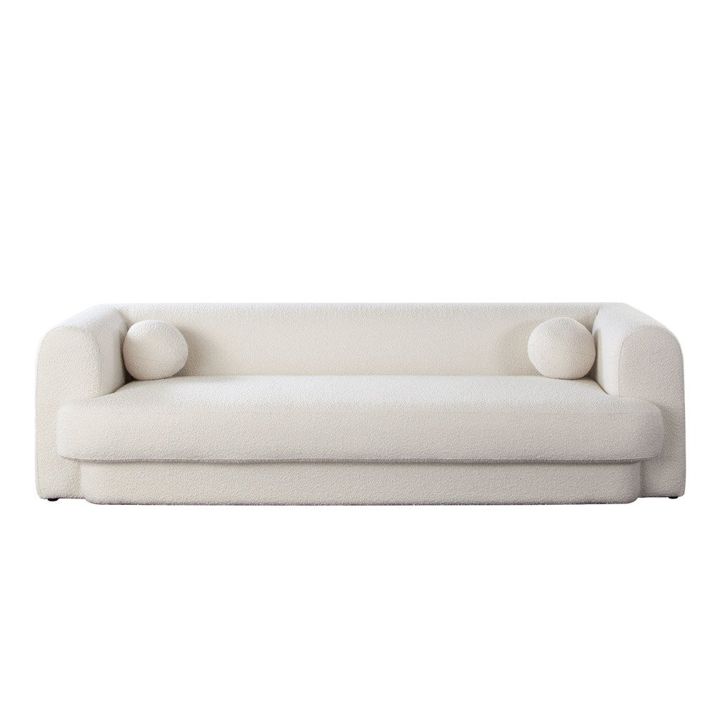 Form Sofa In Ivory Boucle Fabric with 2 Accent Pillow Balls | 1stopbedrooms