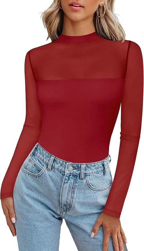Zeagoo Long Sleeve Shirts for Women's Lace Tops Mesh Sheer Crew Neck Shirts Sexy Fall Going Out B... | Amazon (US)