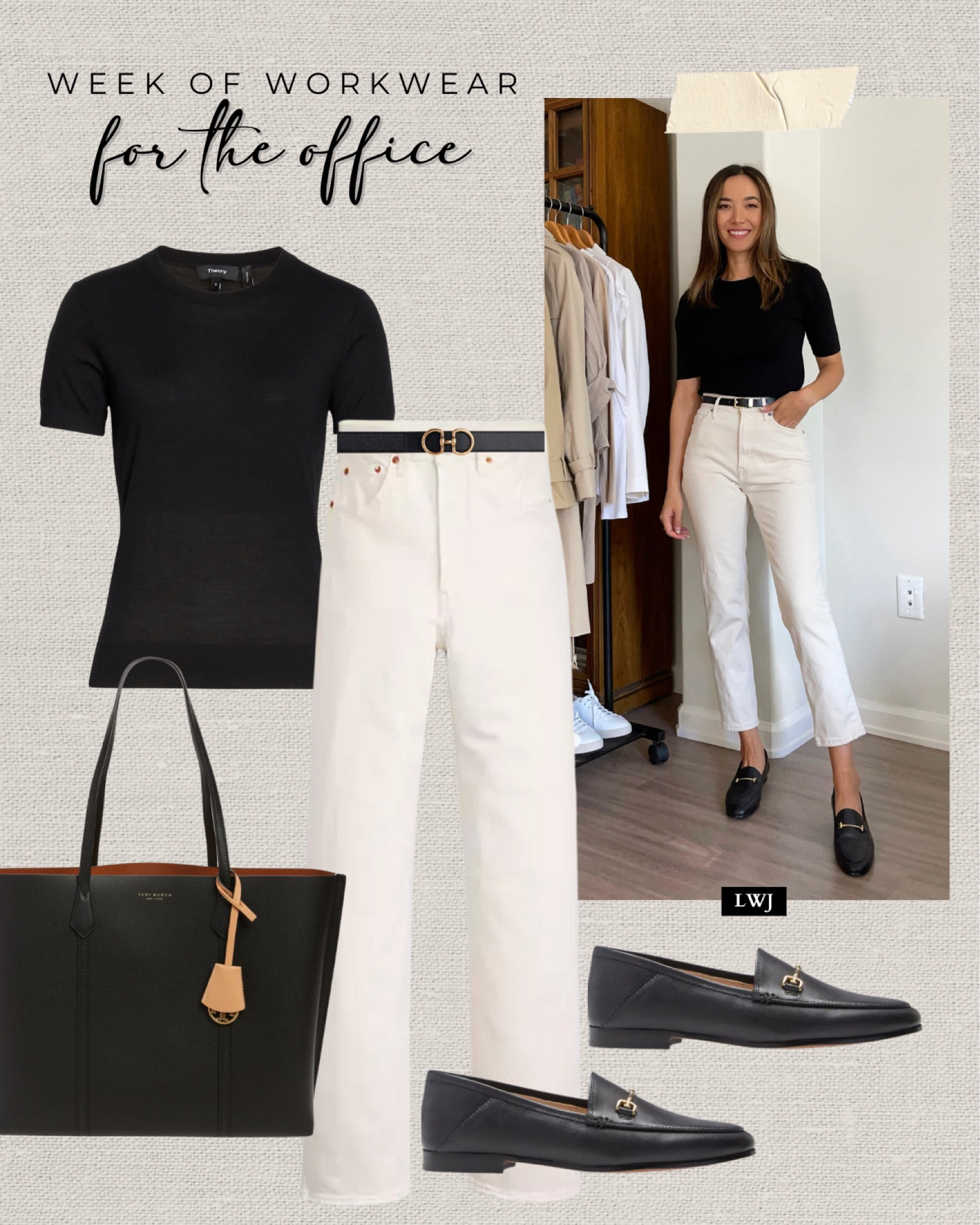 Week of workwear: for the office 

Workwear / office outfit / smart casual / black top / white jeans / black belt / black tote / black loafers / work shoes / chic style / minimal style 

#LTKStyleTip #LTKWorkwear
