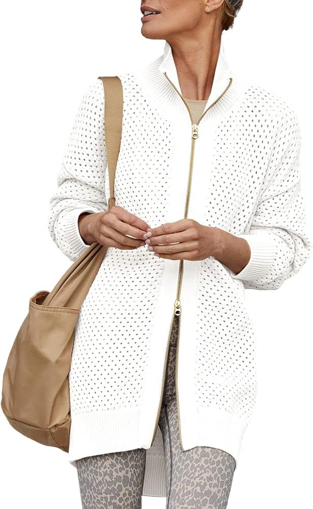 Women's Turtleneck Zip Up Cardigan Sweaters Oversized Drop Shoulder Long Sleeve Casual Solid Mesh... | Amazon (US)