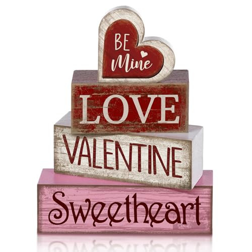 Lineshading 4 Pcs Valentine Table Decor Wooden Red Love Decoration, Valentine's Day Be Mine Centerpiece, Valentine Tiered Tray Decor Red Heart Block Signs Gift for Farmhouse Home Kitchen | Amazon (US)