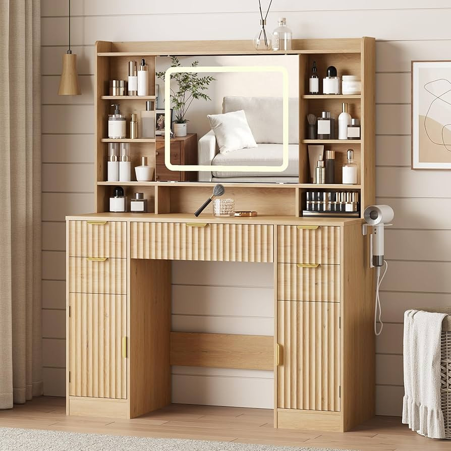 Makeup Vanity Desk with Mirror, Fluted Vanity with 5 Drawers and 2 Cabinets & Open Shelves and Po... | Amazon (US)