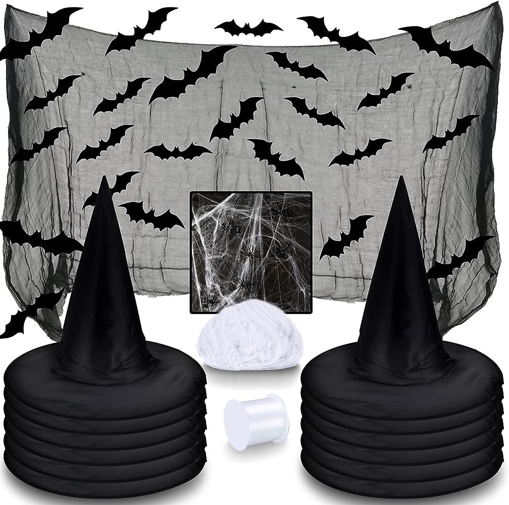 LINAYE Halloween Witch Hat XXL Kit - 12 PCS Black Witch Hats with Hanging Rope,16 PCS 3D Bat,Spid... | Amazon (US)
