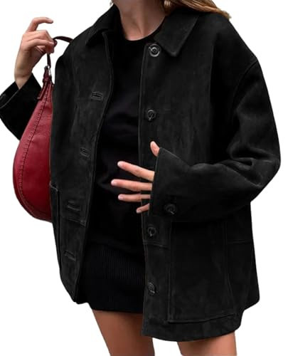 chouyatou Women's Fall Boyfriend Faux Suede Leather Jacket Casual Midi Long Button Down Shacket Coat (Medium, Black) | Amazon (US)