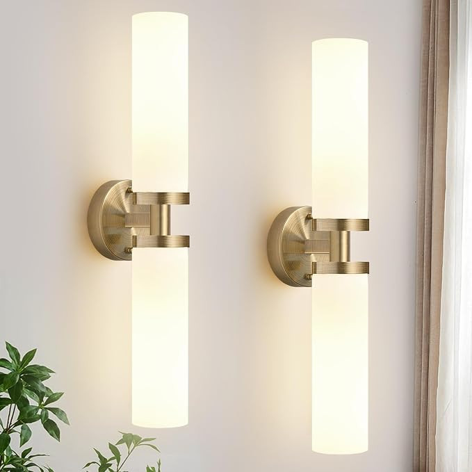 Indoi Wall Sconces Set of Two, Hardwired Brass Bathroom Sconces Wall Lighting with Milky White Gl... | Amazon (US)