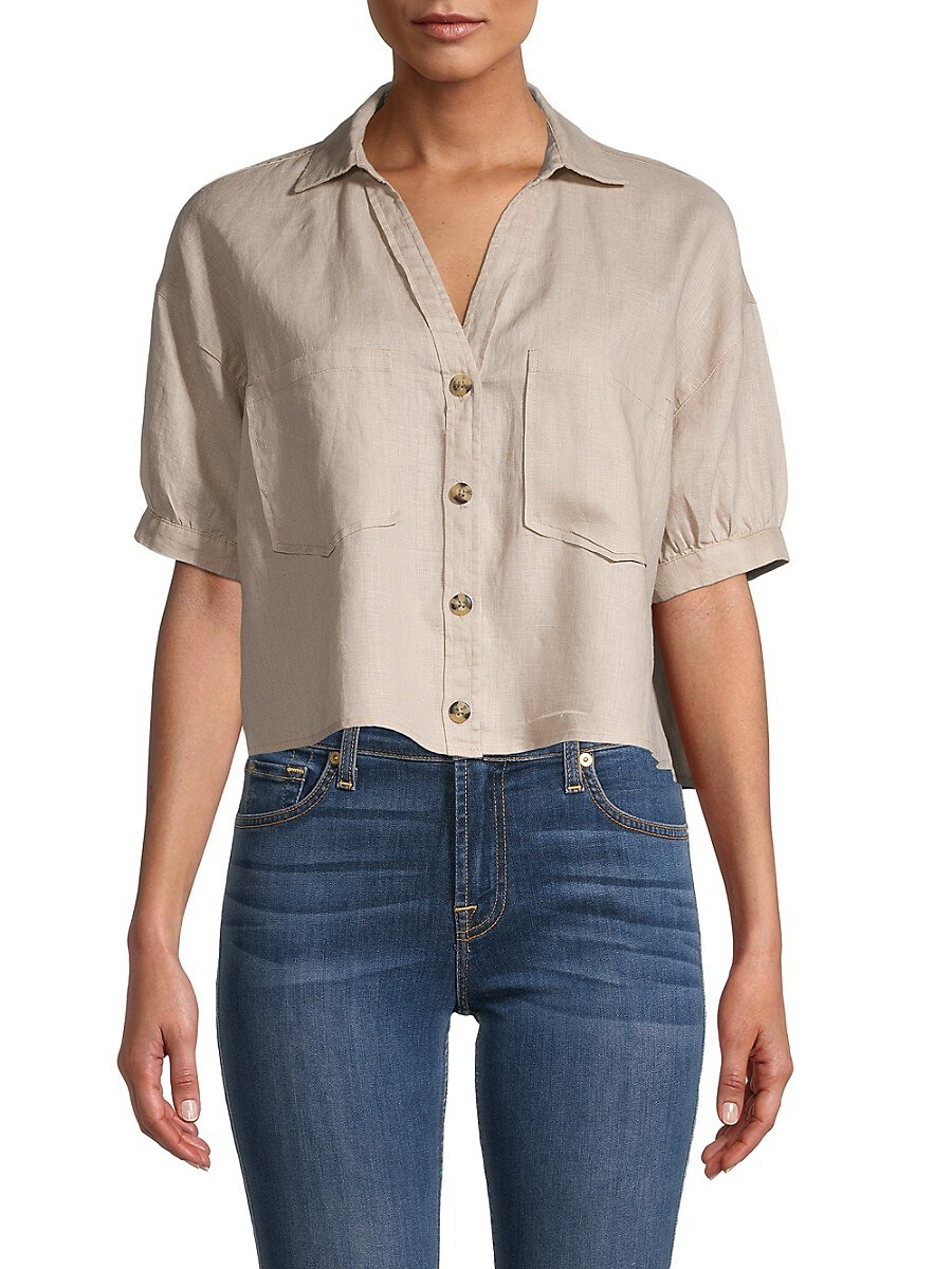 Industry Republic Clothing Women's Puff-Sleeve Cropped Linen Blouse - Khaki - Size XS | Saks Fifth Avenue OFF 5TH