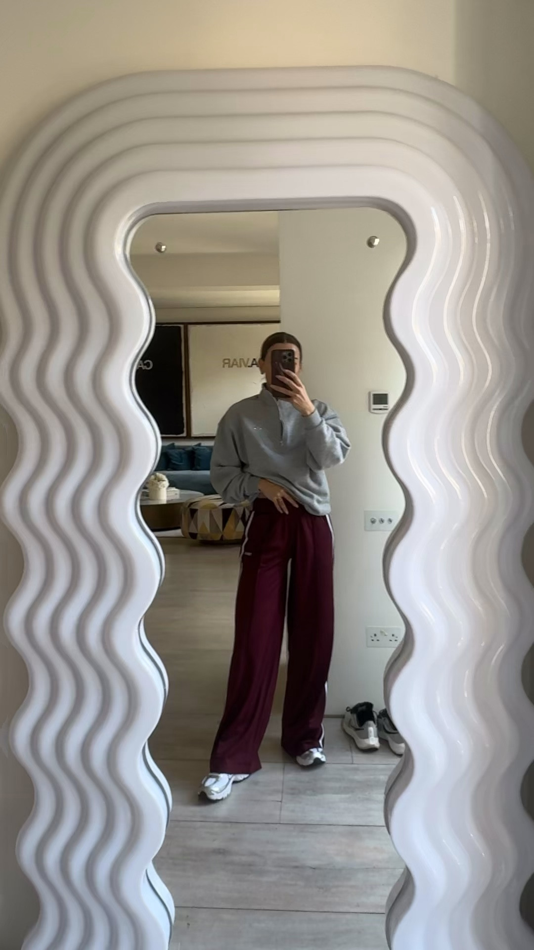 Track pants in XS
Alo zip in XS 
Sneakers I sized down half size 