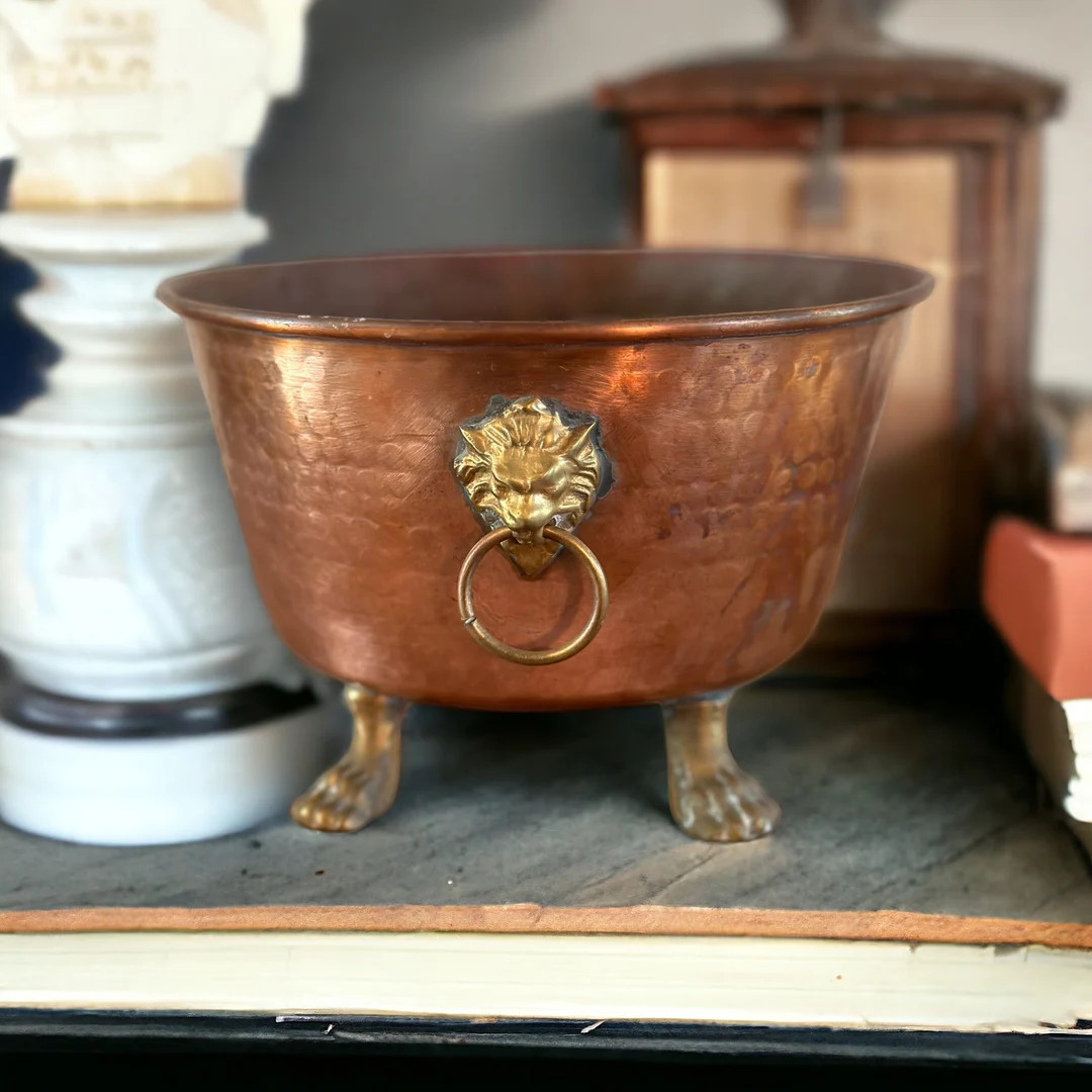 Vintage Copper and Brass Lion Head Claw Feet Planter - Etsy | Etsy (US)