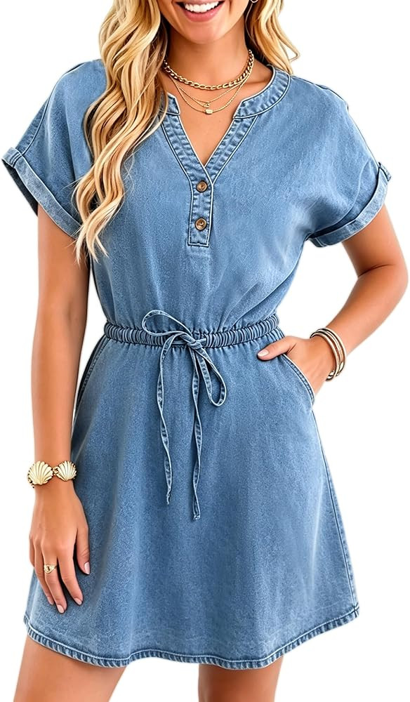 POTILI Denim Dress for Women 2026 Summer Short Sleeve Notch V Neck Button Tie Waist A Line Casual... | Amazon (US)