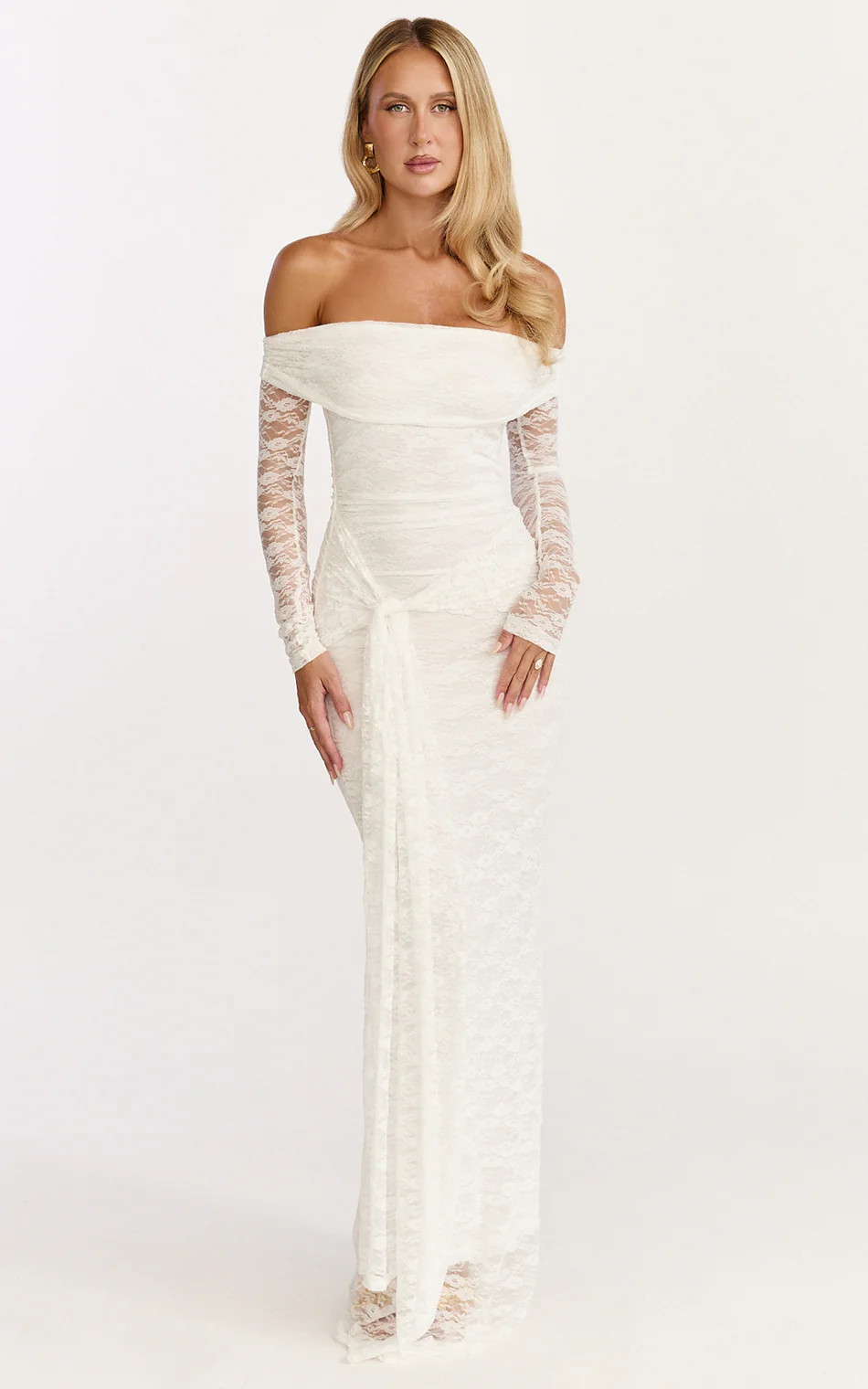 Off Shoulder Long Sleeve Lace Dress in White | Showpo (US, UK & Europe)