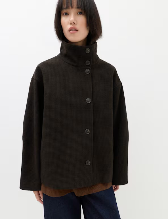 Checked Funnel Neck Short Coat with Wool | Marks & Spencer (UK)