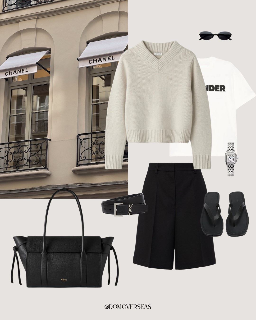 A capsule wardrobe look I will wear on my next Paris trip. Featuring a Soft Goat cashmere sweater, Jil Sander white t-shirt, black Bermuda shorts and Tony Bianco black leather flip flops 🫶🏼

#LTKstyletip #LTKaustralia #LTKtravel