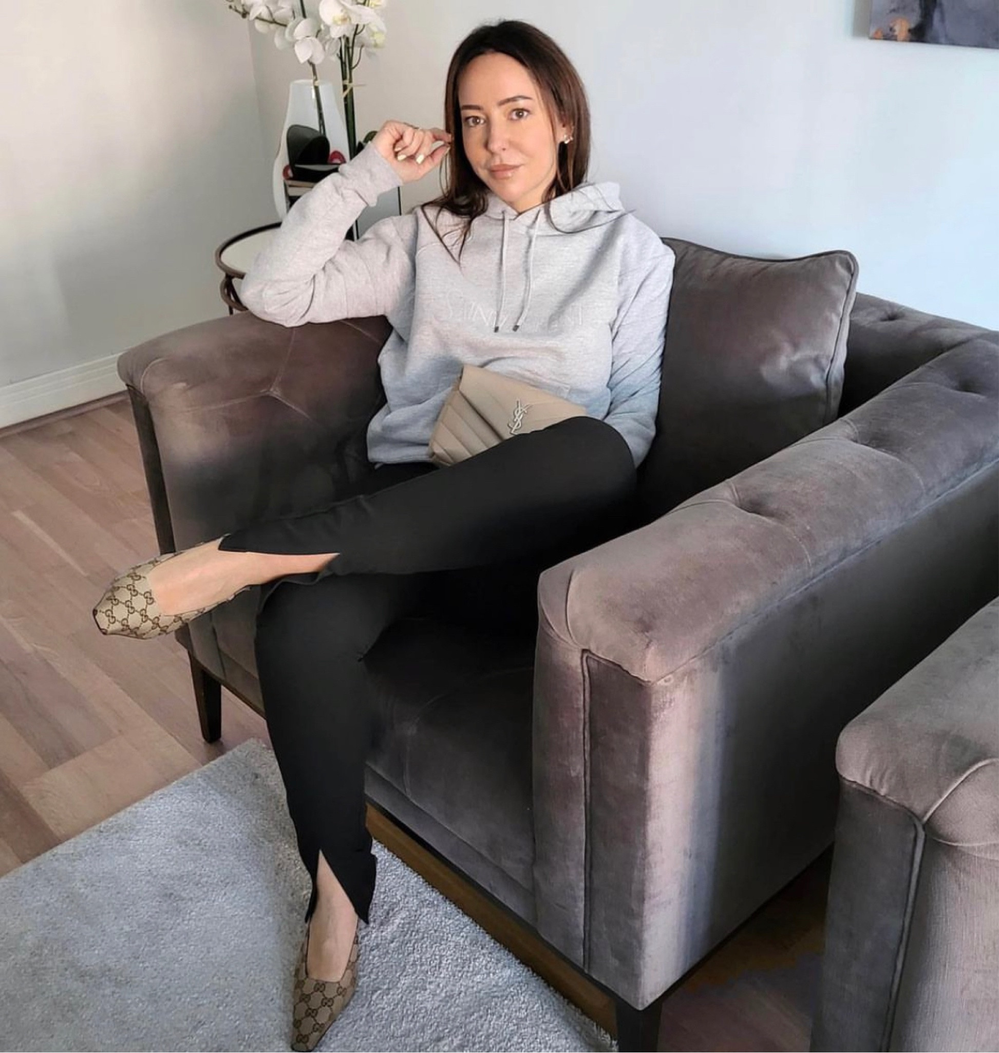 Grey hoodie, black formal pants trousers with slit, gucci ballet pumps, slingback canvas shoes, cosy wear, cream beige nude handbag 

#LTKSeasonal #LTKeurope #LTKstyletip
