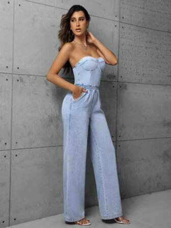 SHEIN ICON Women's Fashionable Light Blue Denim Jumpsuit With Strapless Design | SHEIN