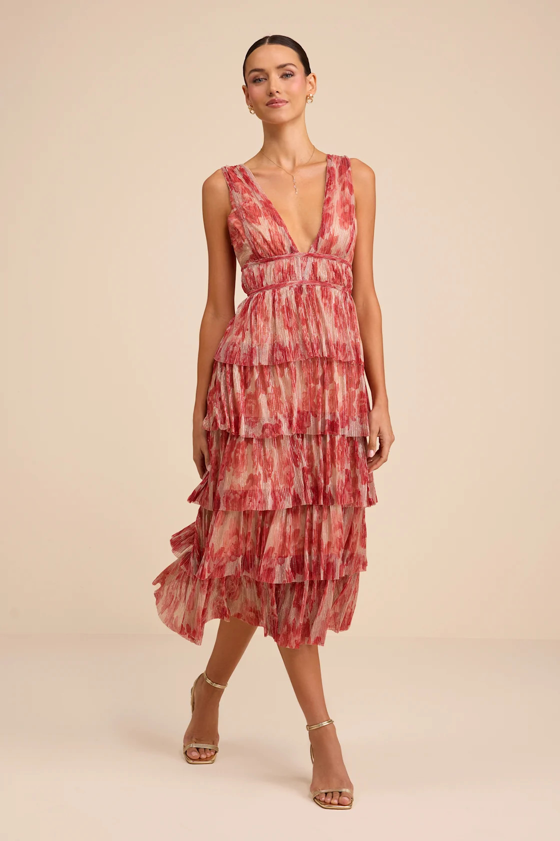 Valentia Magenta Plisse Sleeveless Tiered Midi Dress | Lulus