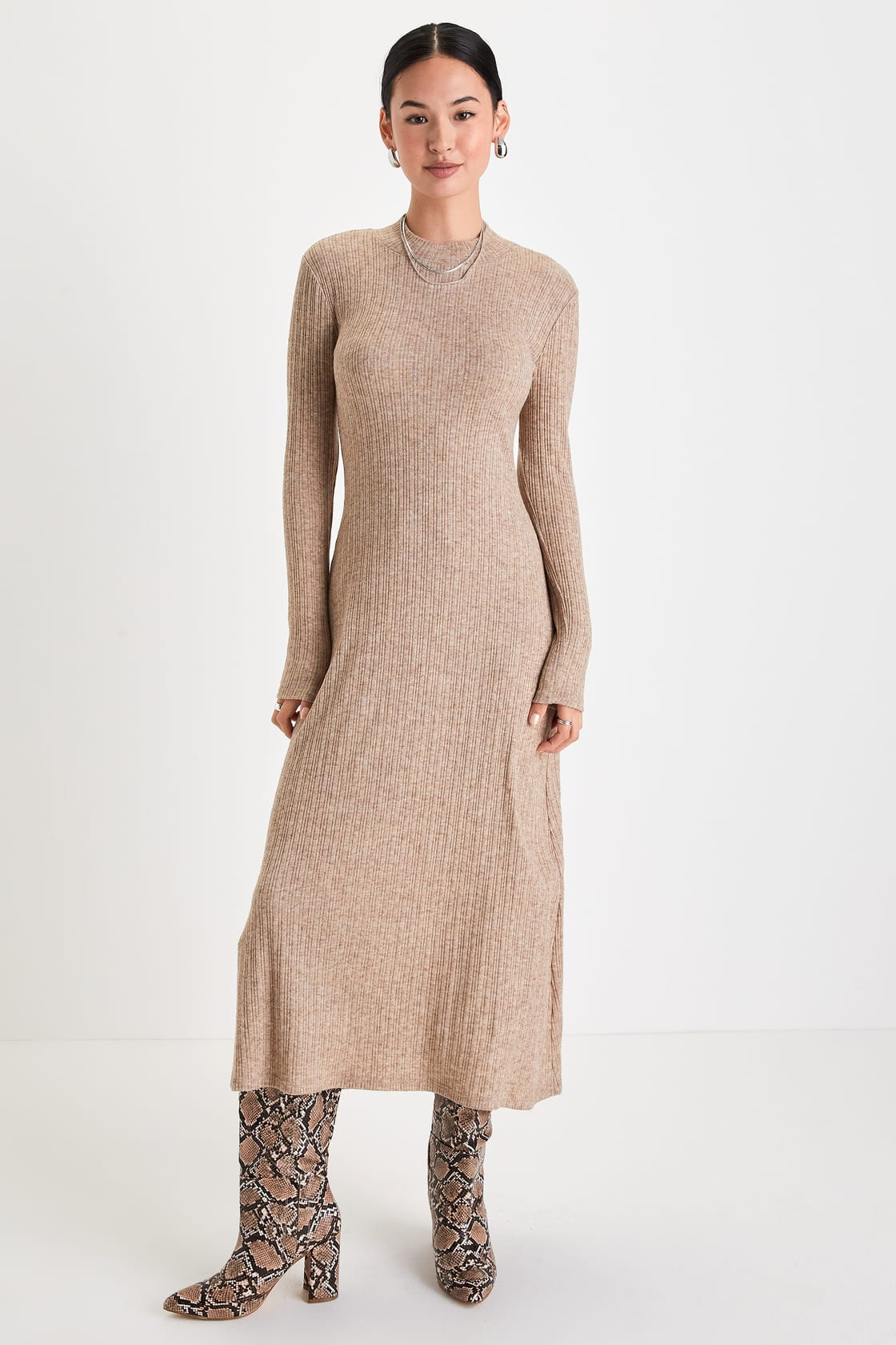 Snuggly Passion Heather Beige Ribbed Mock Neck Midi Dress | Lulus