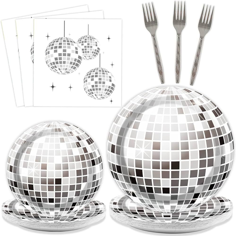 96 Pieces 70's Disco Party Tableware Set 70s Disco Birthday Party Supplies Silver Disco Ball Party Paper Plates Napkins Forks for 24 Guests 80s 90s Dance Hip Hop Baby Shower Party Decorations | Amazon (US)