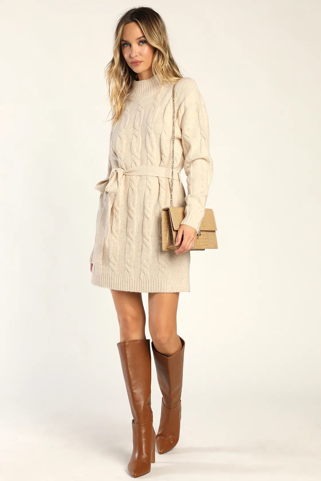 Warmed Up To You Cream Cable Knit Mock Neck Sweater Dress | Lulus