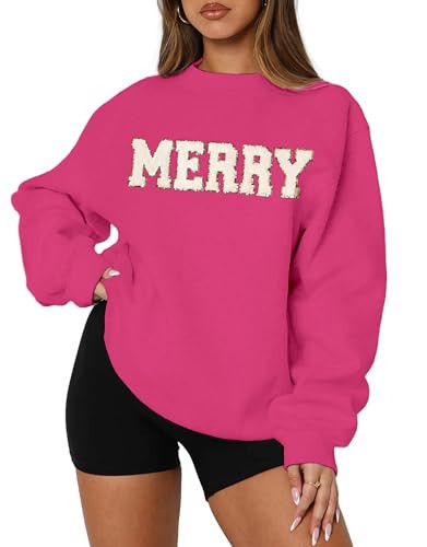 MAPICK Merry Sweatshirt Women Christmas Glitter Patch Letter Print Shirt Fleece Long Sleeve Oversize Pullover Outfits(Rose Pink,XX-Large) | Amazon (US)