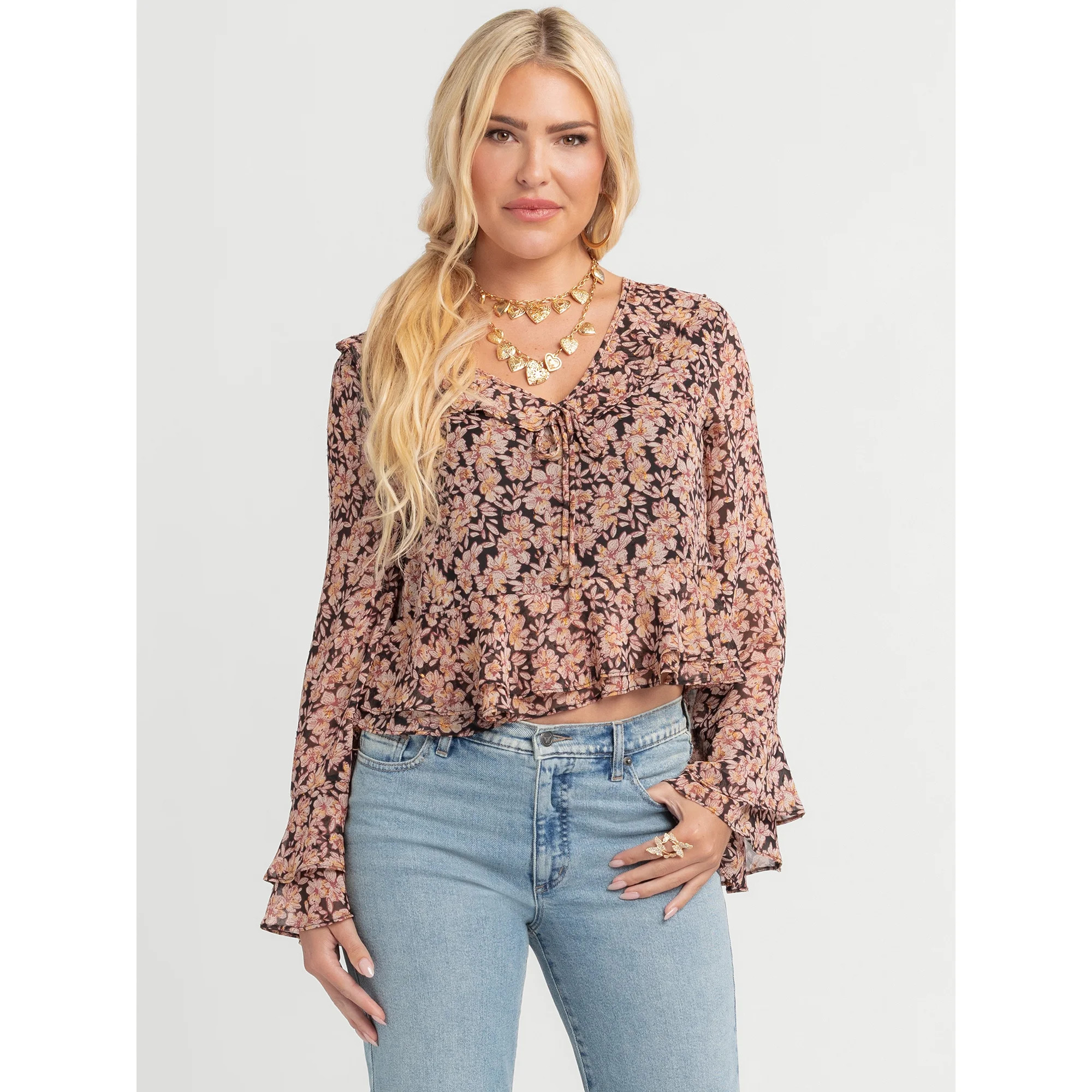 Jessica Simpson Women's Stayce Cropped Ruffle Top with Long Sleeves, Sizes XS-XL | Walmart (US)