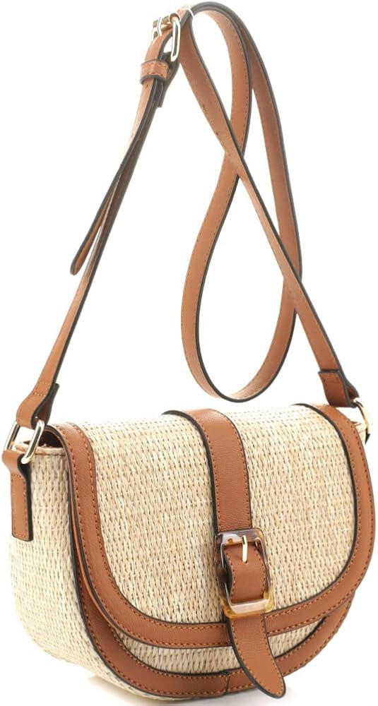 Womens Classy Straw Rattan Vegan Leather Flap Saddle Satchel Flap Crossbody Purse Bag | Amazon (US)