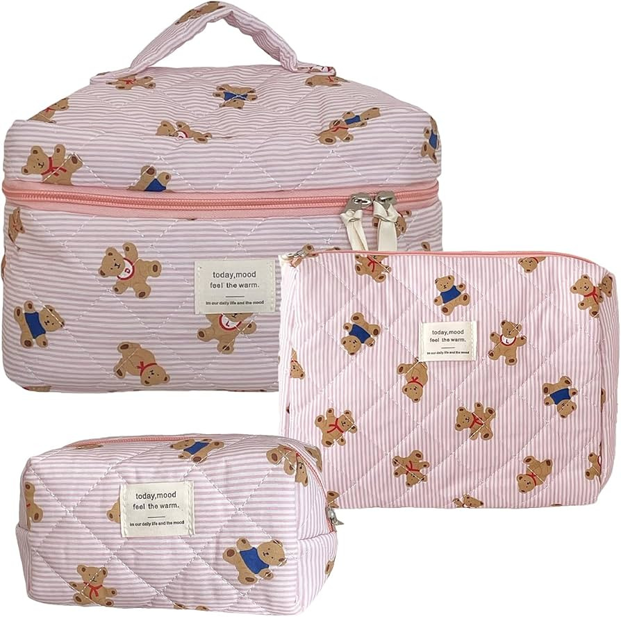 Make Up Bag Set of 3 Quilted Make Up Bags for women Cute Cotton Cosmetic Bag Pink Striped Bear Ma... | Amazon (US)