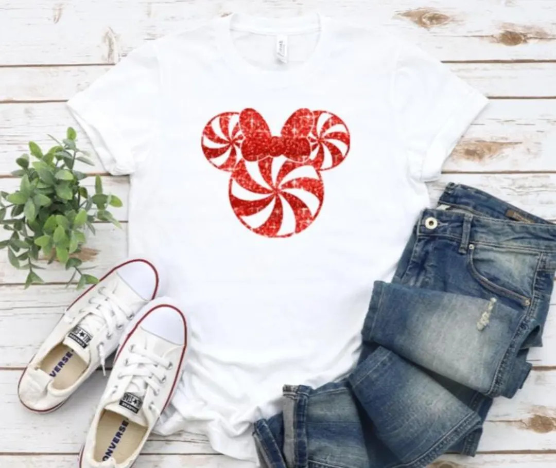 Minnie Mouse Peppermint Swirl Candy Cane Disneyland Shirt Disney Glitter Mickey Minnie Christmas ... | Etsy (US)