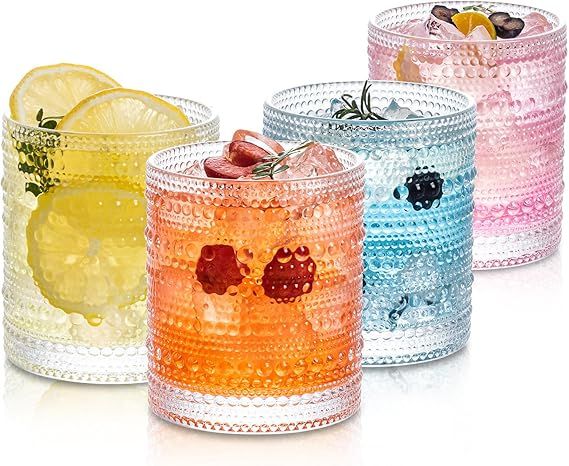 Glass Cups Vintage Drinking Glasses Set of 4, Clear Hobnail Glasses Tumbler, Embossed Design Glas... | Amazon (US)