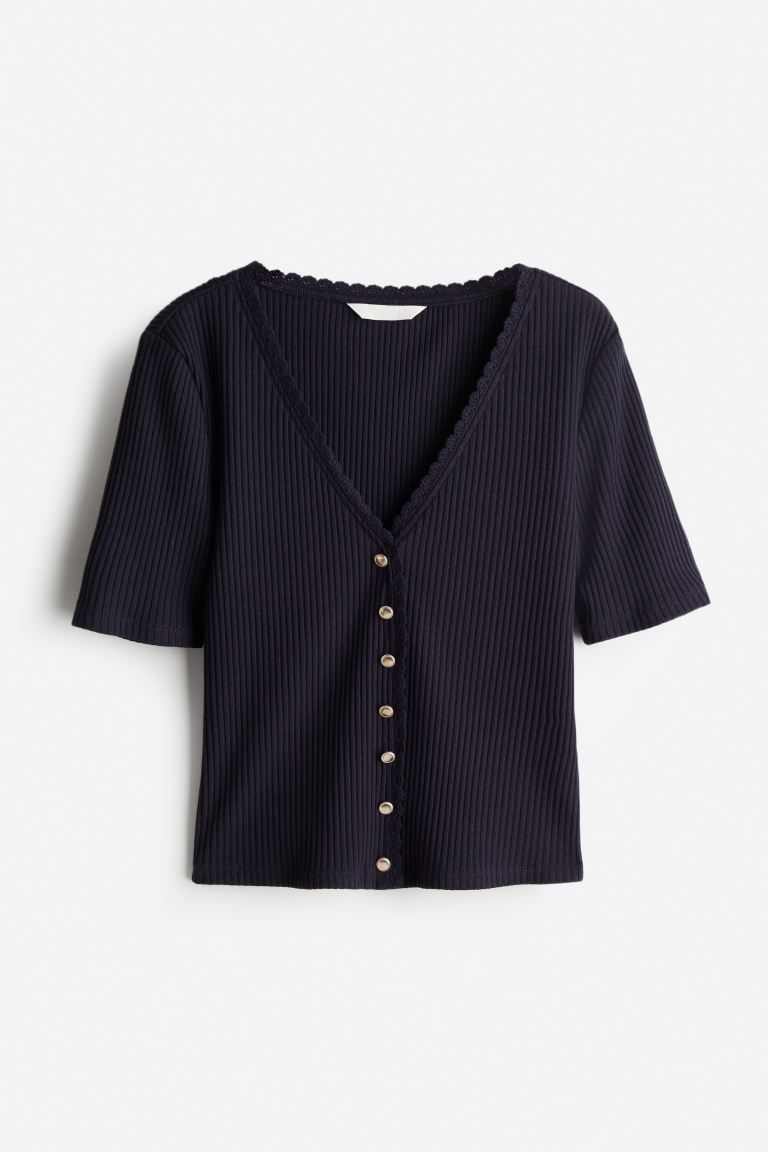 Ribbed Button-front Top - V-neck - Short sleeve - Navy blue - Ladies | H&M US | H&M (US + CA)