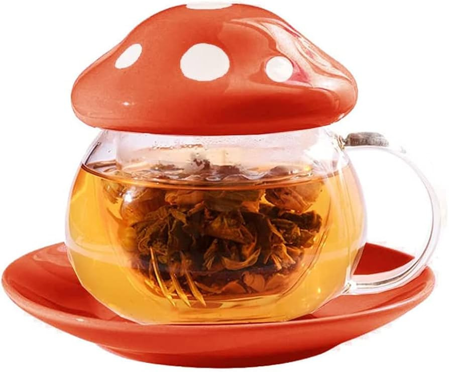 Mozacona Glass Mushroom Shape Teacup Saucer Set Coffee Mug with Filter Cup | Amazon (US)