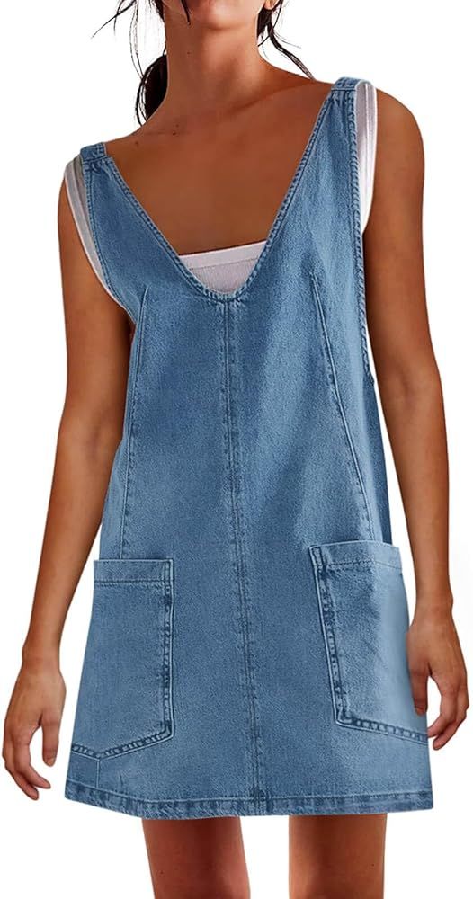 PLNOTME Womens Sleeveless Denim Overall Dress V Neck Summer Mini Jean Dress with Pockets | Amazon (US)