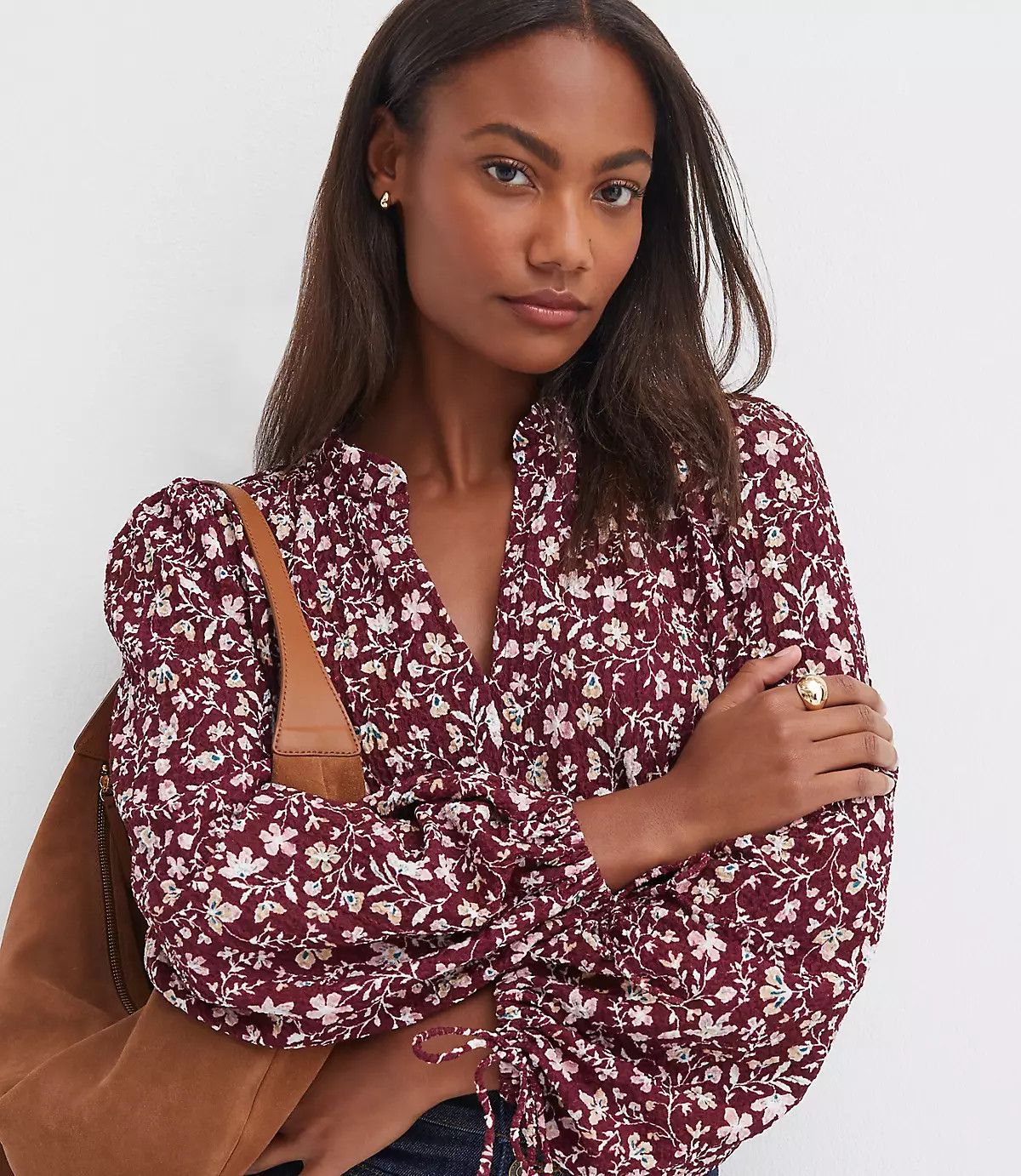 Floral Ruffle Tie Cuff Top | LOFT