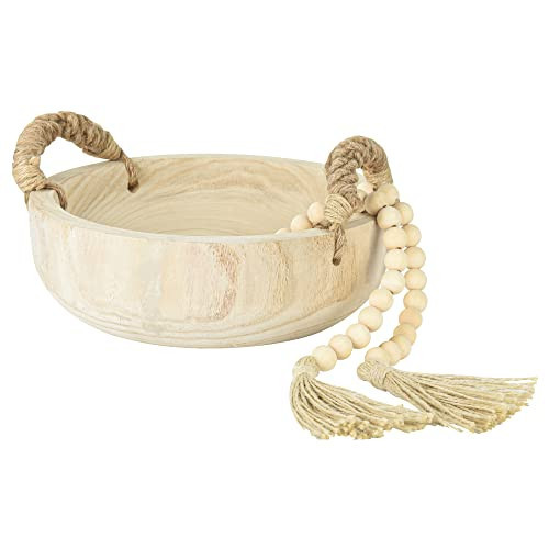 Paulownia Wood Bowl Rustic Wooden Dough Decorative Round Serving Key Bowl with Rope Handle and Wood Bead Garland for Christmas Tabletop Centerpiece Home Decor 9.5 inches | Amazon (US)