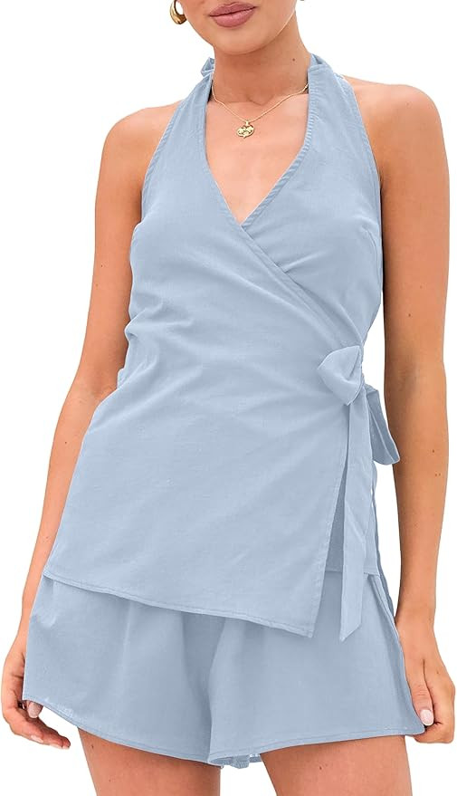 Women’s 2 Piece Set Summer Outfits Sleeveless Backless Halter Top Short Sets Travel Vacation Ma... | Amazon (US)